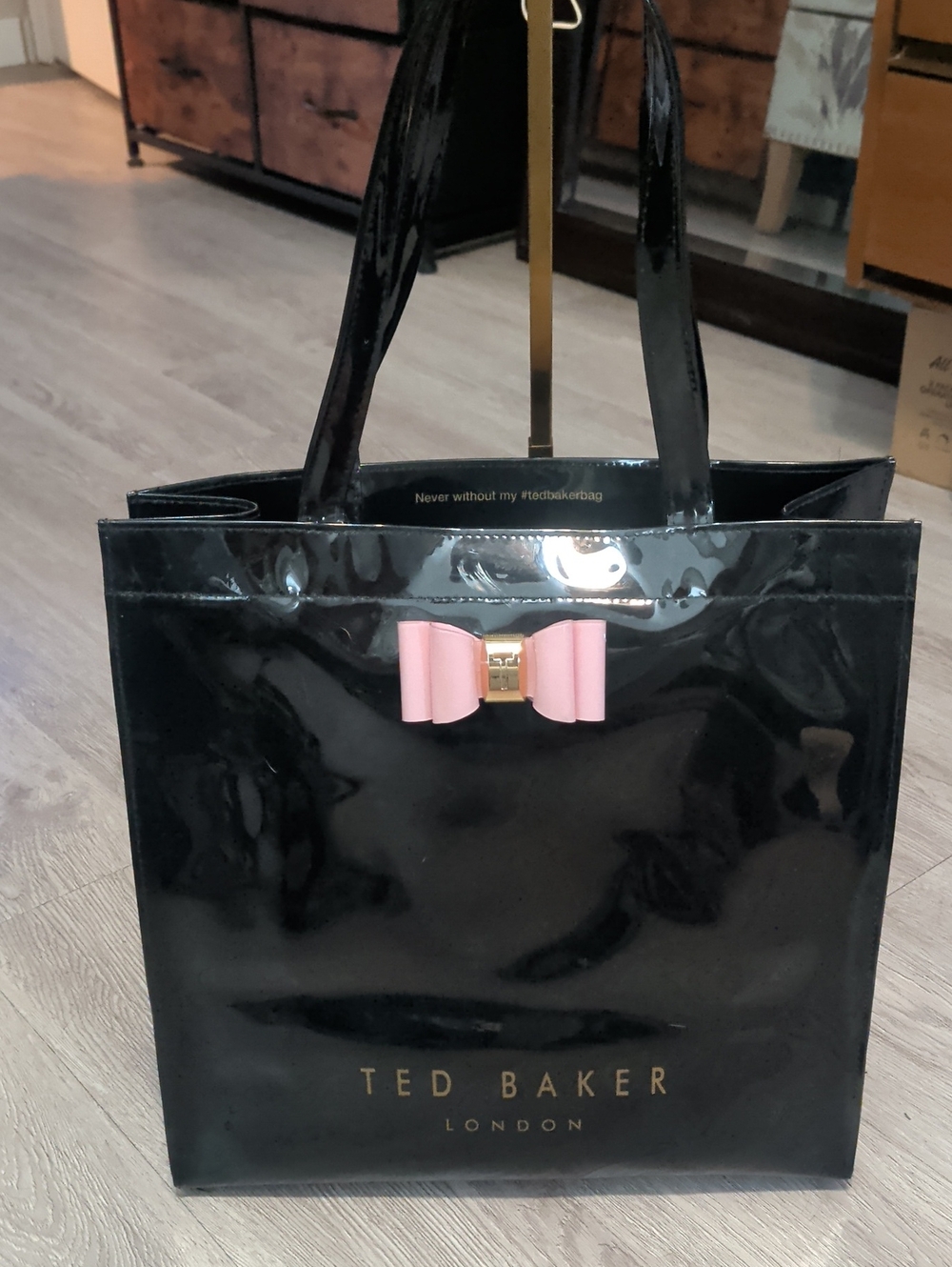 Ted Baker Black Patent Tote with Pink Bow Accent